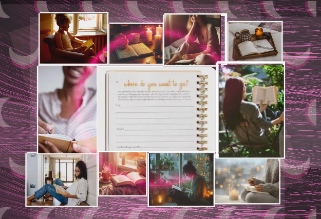A collage of women journaling, reading, and reflecting in soft candlelight